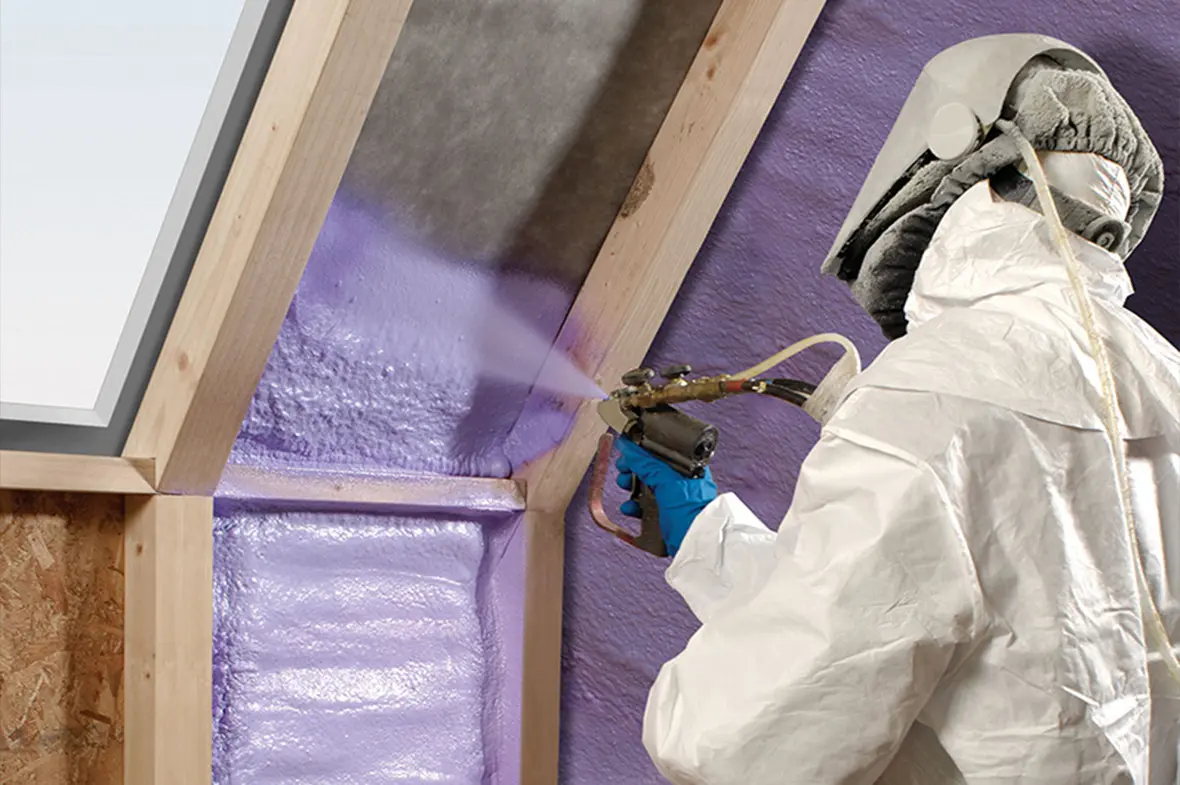 Closed-cell purple spray foam insulation applied in a Long Island crawl space